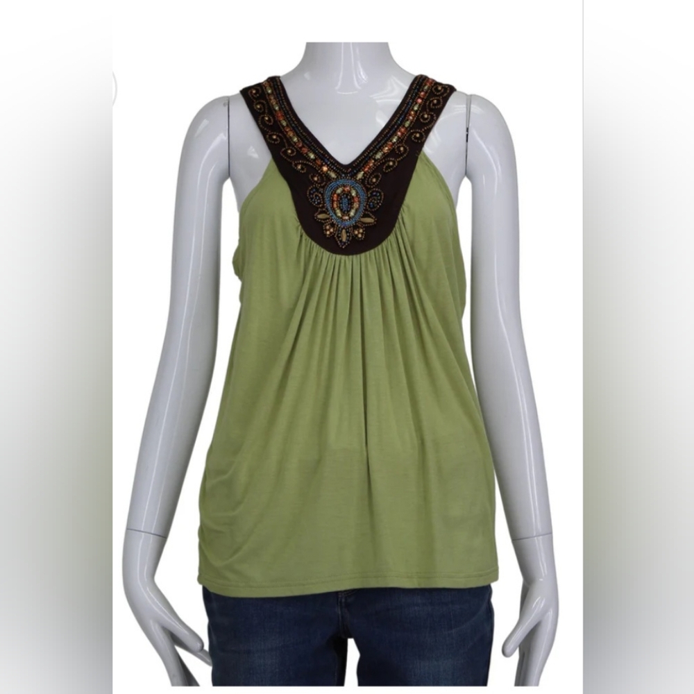 NWT SOFT SURROUNDINGS Mocha Green Embelished top SIZE S